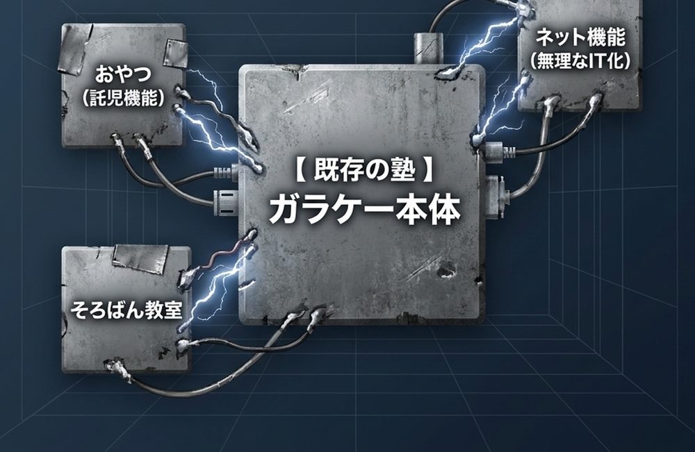 【既存の塾】ガラケー本体に、おやつ（託児機能）・ネット機能（無理なIT化）・そろばん教室が無理やりハンダ付けされている図